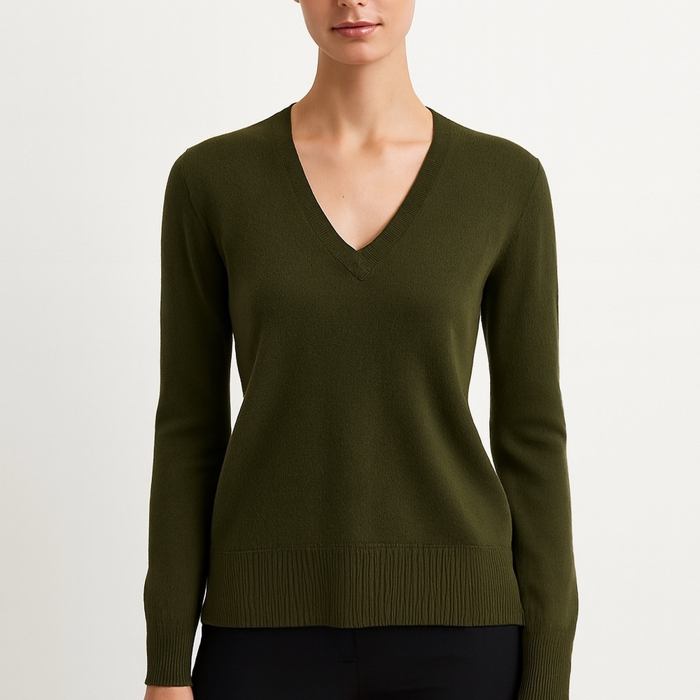 Only Mine 100% Cashmere V-Neck Sweater Size S Olive Green 2-Ply Soft Knit